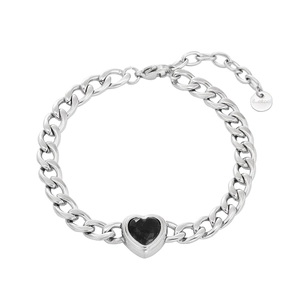 Detailed shot of silver stainless steel chain bracelet with a black heart gemstone