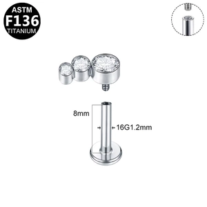 ASTM F136 titanium labret stud with triple round zircon inlay and internal threading
