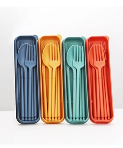 Detail of colorful wheat straw portable cutlery sets with storage cases in four colors