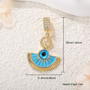 Detail of blue evil eye fan pendant with crystals and dimensions 36mm x 21.9mm