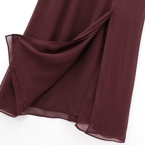 Burgundy sleeveless backless dress with lace details and a high side slit hem