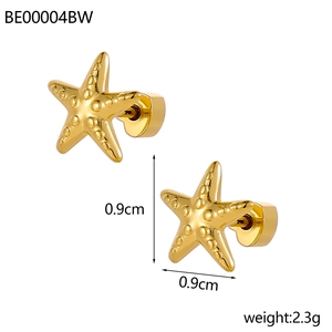Detailed view of gold starfish stud earrings showing 0.9cm size and 2.3g weight data