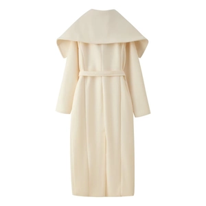 Damen-Wollmantel in Beige mit großem Reverskragen und Taillengürtel in der Rückansicht