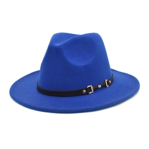 Royal blue wool fedora hat with black leather band and gold horsebit buckle detail