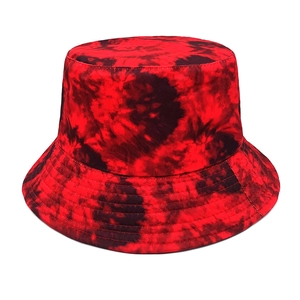 Detail of red and black tie-dye bucket hat featuring reinforced brim stitching
