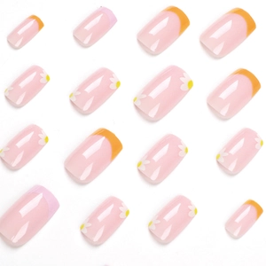 French press-on nails set with yellow purple edges and white daisy floral patterns