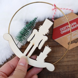 Christmas nutcracker silhouette wood pendant in gold metal ring with mini xmas tree