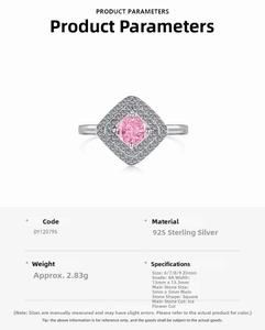 Detail view of S925 sterling silver ring with 5mm square pink ice-cut zircon stone