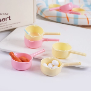 Miniature dollhouse colorful frying pans with tiny egg and sausage food accessories