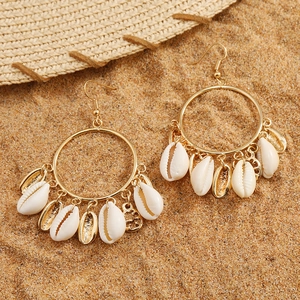 Boho Large Hoop Earrings With Natural Shell Cowrie Charms Alloy Stainless Steel Earring Post Summer Beach Jewelry