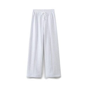 Flat lay of light grey high-waisted wide leg sweatpants with drawstring and center seam detail