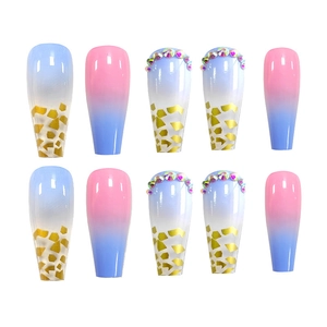 Pink and blue gradient press-on nails with gold leaf and rhinestones decoration
