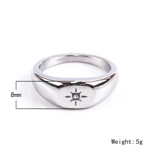 Bague chevalière en acier inoxydable poli avec étoile à 8 branches, largeur 8mm