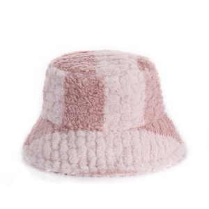 Plush pink and white checkerboard bucket hat in soft faux fur for women winter wear
