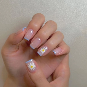 Press On Nails Square Round Fresh Daisy Floral Pattern Fine Glitter Blue French Tip Sweet Style For Women