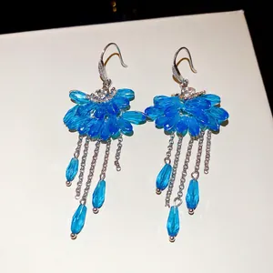 Elegant fan-shaped blue crystal fan drop earrings with stylish silver metal fringe tassels
