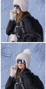 Detail of warm off-white faux fur trapper hat and matching gloves for winter outdoor sports
