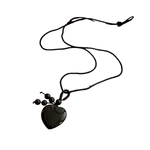 Retro minimalist black heart pendant necklace with woven rope and decorative beads