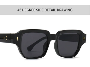 Close-up of square black sunglasses with gold rivet accents and polished frame details