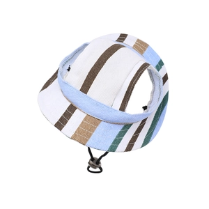 Detail view of the striped canvas pet sun hat with ear holes and adjustable drawstring