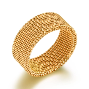 Minimalist 8mm gold mesh weave ring featuring a polished stainless steel metal texture