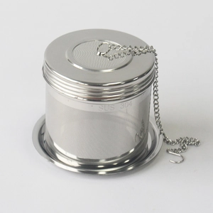 Macro shot of SUS 304 stainless steel tea infuser ball with fine mesh and hanging chain