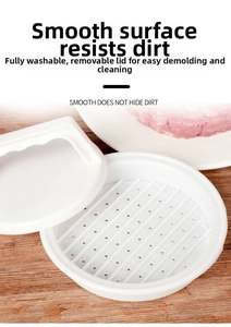 Detail view of white food-grade plastic burger press with separable lid and drainage base