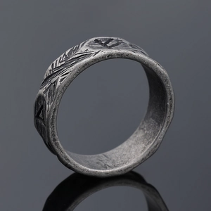 Vintage Nordic Viking rune stainless steel ring with dark gray feather texture and engraving
