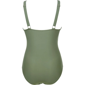 Avocado green high waist one-piece swimsuit with adjustable straps and open back view