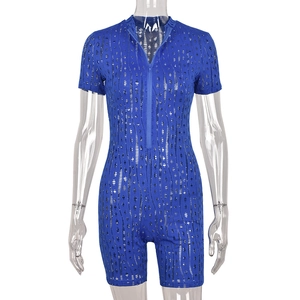Sexy royal blue hollow out bodycon jumpsuit with short sleeves and front zipper closure