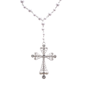 Two-piece silver hollow cross pendant necklace with rhinestones and white pearls