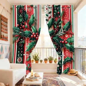 Detail view of festive Christmas velvet grommet curtains with holly and berry patterns