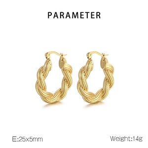Macro detail of gold twist hoop earrings with 25x5mm size and 14g weight specs