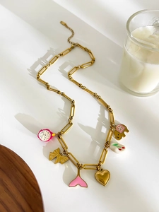Detailed close-up of gold titanium necklace featuring colorful butterfly and elephant charms