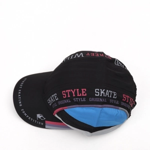 Detail of street style baseball cap featuring skate letter prints and mesh stitching