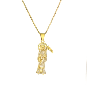 Collier pendentif Santa Muerte doré style hip hop avec strass en cristal micro-pave