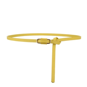 Elegant thin yellow leather belt with gold rectangular buckle for women dresses