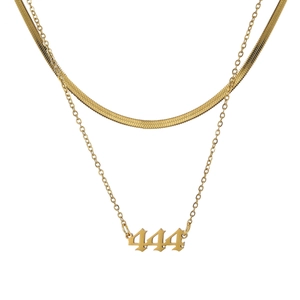 Double layered gold stainless steel necklace featuring a 444 angel number pendant