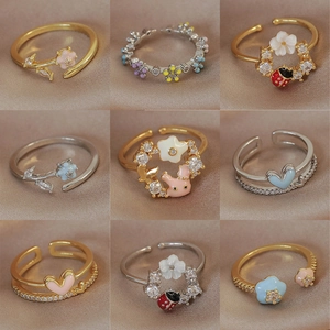 Colorful floral and heart open rings with colorful enamel and sparkling zircon accents