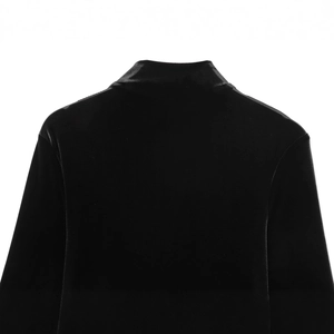 Women's black velvet long-sleeve dress with a stand collar and smooth texture