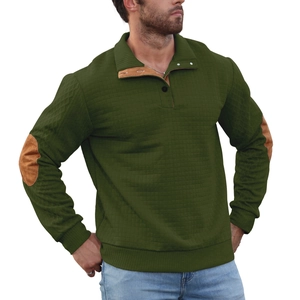 Men's olive green polo sweatshirt with waffle texture and brown faux suede elbow patches