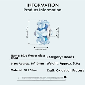 Macro detail of S925 silver blue flower glass charm bead showing 18x10mm size specs