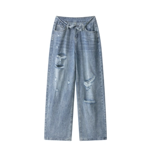 Jeans Casual in Cotone Denim Strappato da Donna Vita Alta Gamba Dritta Pantaloni in Denim Blu Lavato per Streetwear Sexy