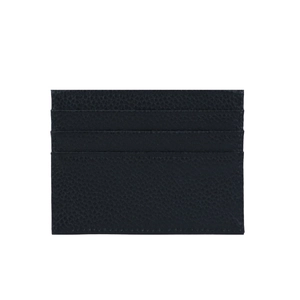 Detailed view of black pebbled leather texture and multi-slot card holder design