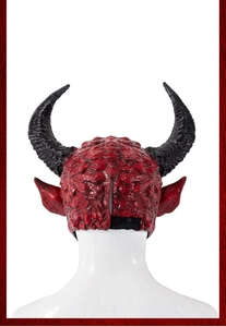 Detail view of the back of the red devil mask with texture and black elastic straps
