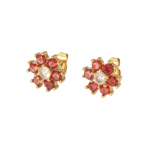 Elegant gold-plated flower stud earrings featuring red and clear cubic zirconia stones