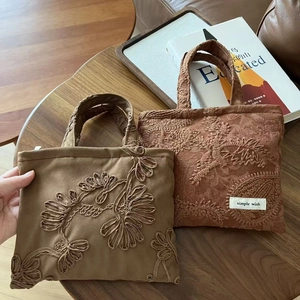Close-up of vintage tote bag featuring exquisite floral embroidery and durable fabric