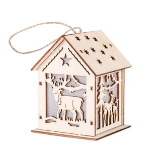 Lighted wooden Christmas house ornament with laser-cut deer and star patterns