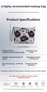 Linen makeup bag detail showing 25x17cm dimensions with purple floral patterns