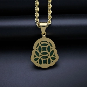 Golden rope chain necklace with a hollow geometric jade Buddha pendant in dark green